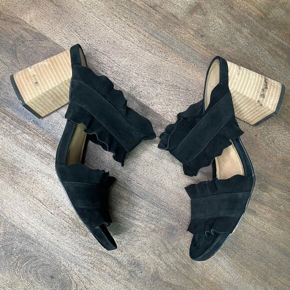 Free People Black Rosie Ruffle Heels Suede Size 39 Open Toe - Picture 11 of 12